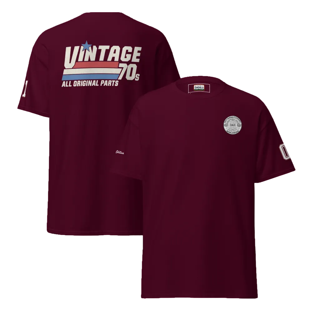 Maroon t-shirt with 'Vintage 70s' text on the front and logo on the sleeve, displayed from front and back views.